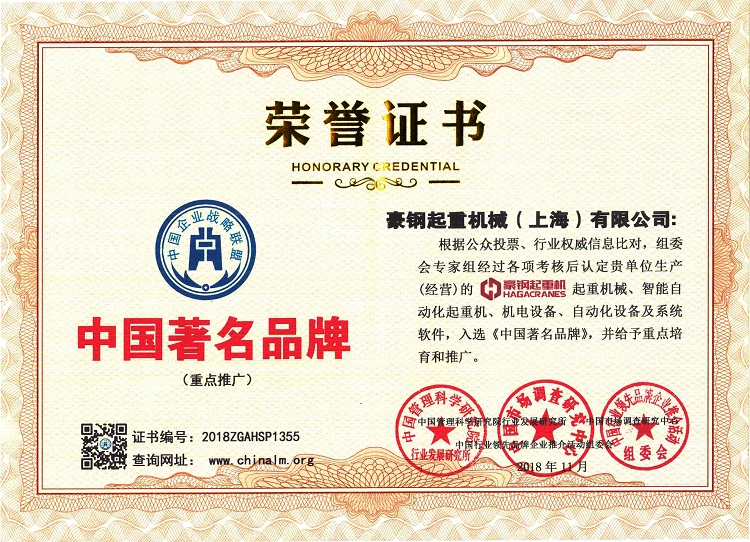 中國品牌榮譽證書